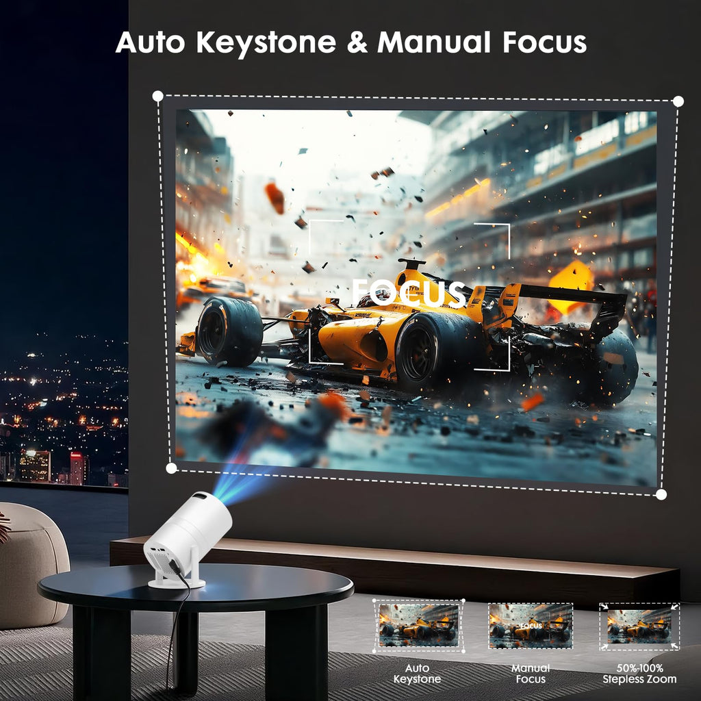 [Built-in Apps] Mini Projector with Wifi and Bluetooth 1080P Supported | Portable Small Projector with Android 14, 180° Rotation/Manual Focus/Auto Keystone, Compatible with HDMI/USB/Smartphone
