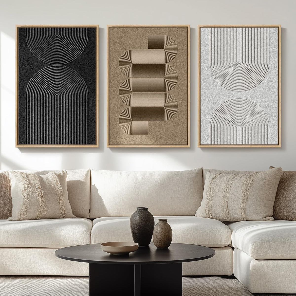 Large Framed Boho Black White Abstract Wall Art for Living Room, 24x36 In | Set of 3 Neutral Canvas Prints, Modern Minimalist Artwork, Geometric Pictures, Office Bedroom Hallway Paintings Wall Decor