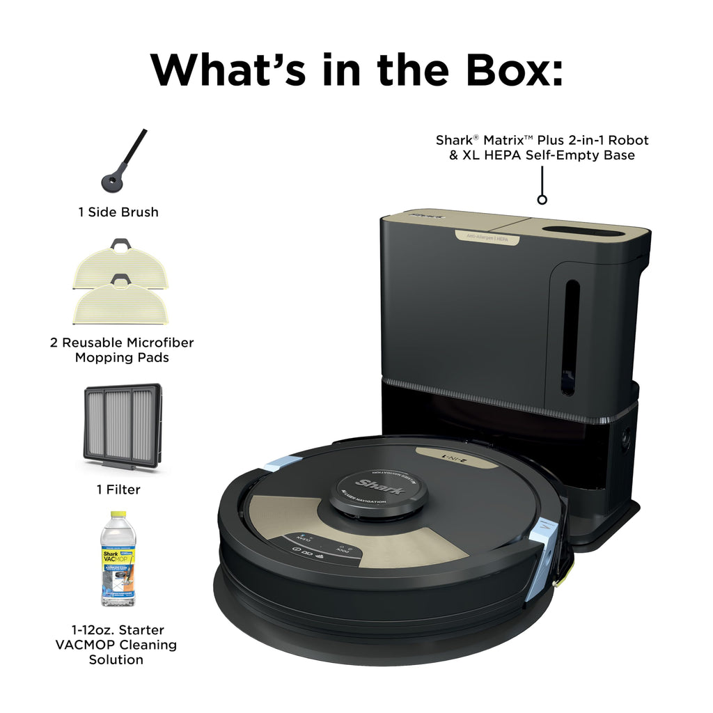 Shark Matrix Plus Robot Vacuum & Mop Combo, 60-Day Self-Emptying, AV2610WA | Matrix Clean Navigation for Carpet, Hard Floors & Pet Hair, HEPA, Sonic Mopping, Anti-Hair Wrap, LiDAR Mapping, Wi-Fi Control
