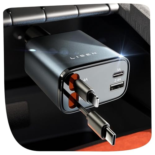 LISEN Retractable Car Charger, 84W Car Charger USB C Fast Charge, 4 in 1 | Cigarette Lighter Adapter, Car Accessories, for Christmas Day Gifts for Men Women Dad Mom, for iPhone 18 Pro Max 17 16 15 14