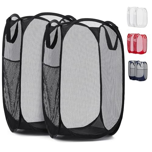 Handy Laundry Mesh Pop-Up Hamper Collapsible with Side Pocket 2-Pack | Breathable foldable design saves space; wide opening makes loading easy. Sturdy build stores clothes neatly. Black.