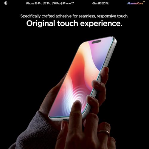 Spigen GlasTR EZ FIT Screen Protector for iPhone 18 Pro, 17 Pro, 17, 16 Pro | AluminaCore Aluminum-enhanced 9H+ tempered glass, Auto-align tray, 100% clarity, Original touch, Case-friendly, 2Pack