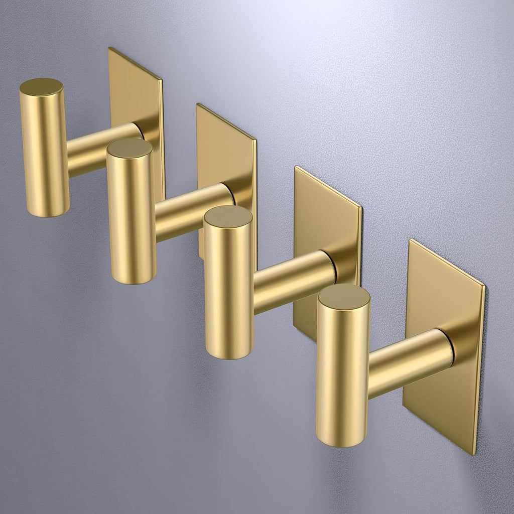VAEHOLD Wall Towel Hooks, Heavy Duty Sticky Holder Waterproof Towel Hooks for Hanging Coat, Clothes, Closet Hook Wall Mount for Kitchen (Gold, 2 Pack)