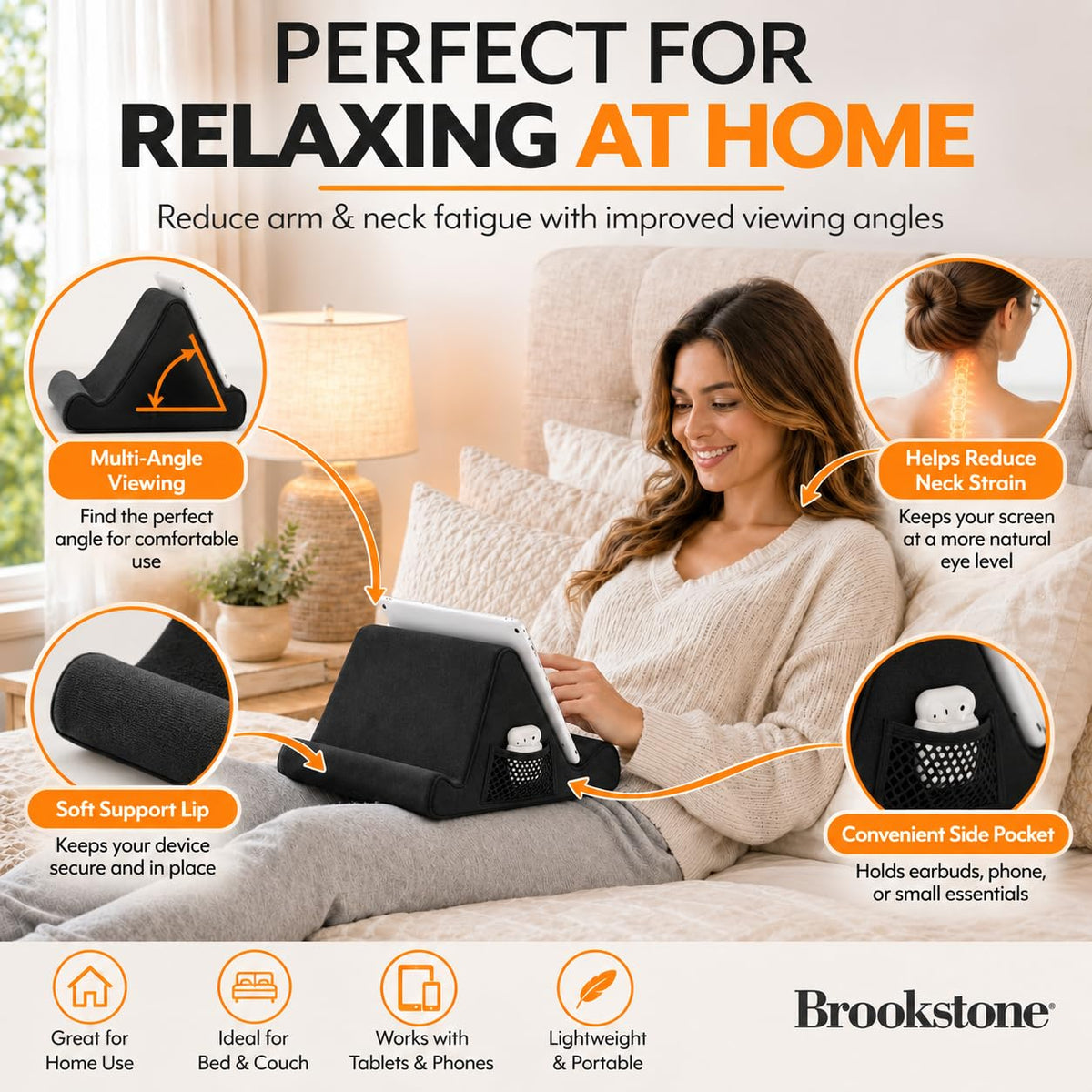 Brookstone Tablet Lap Cushion - Tablet and Phone Holder for Bed, Flights, and Travel, Two Angled Memory Foam Lap Desk for Reading and Hands Free Viewing, Compatible iPad and Kindle Accessories, Black