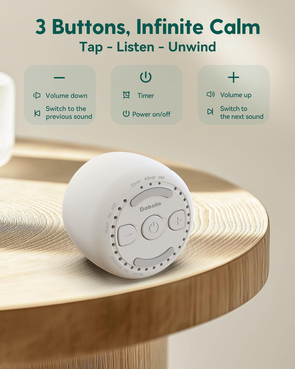 Babelio Pocket Mini Portable White Noise Machine for Travel, 15 Sounds | USB-C Rechargeable, Auto-Off Timer, Lightweight Design, Last-Setting Memory, Easy To Pack And Carry, White