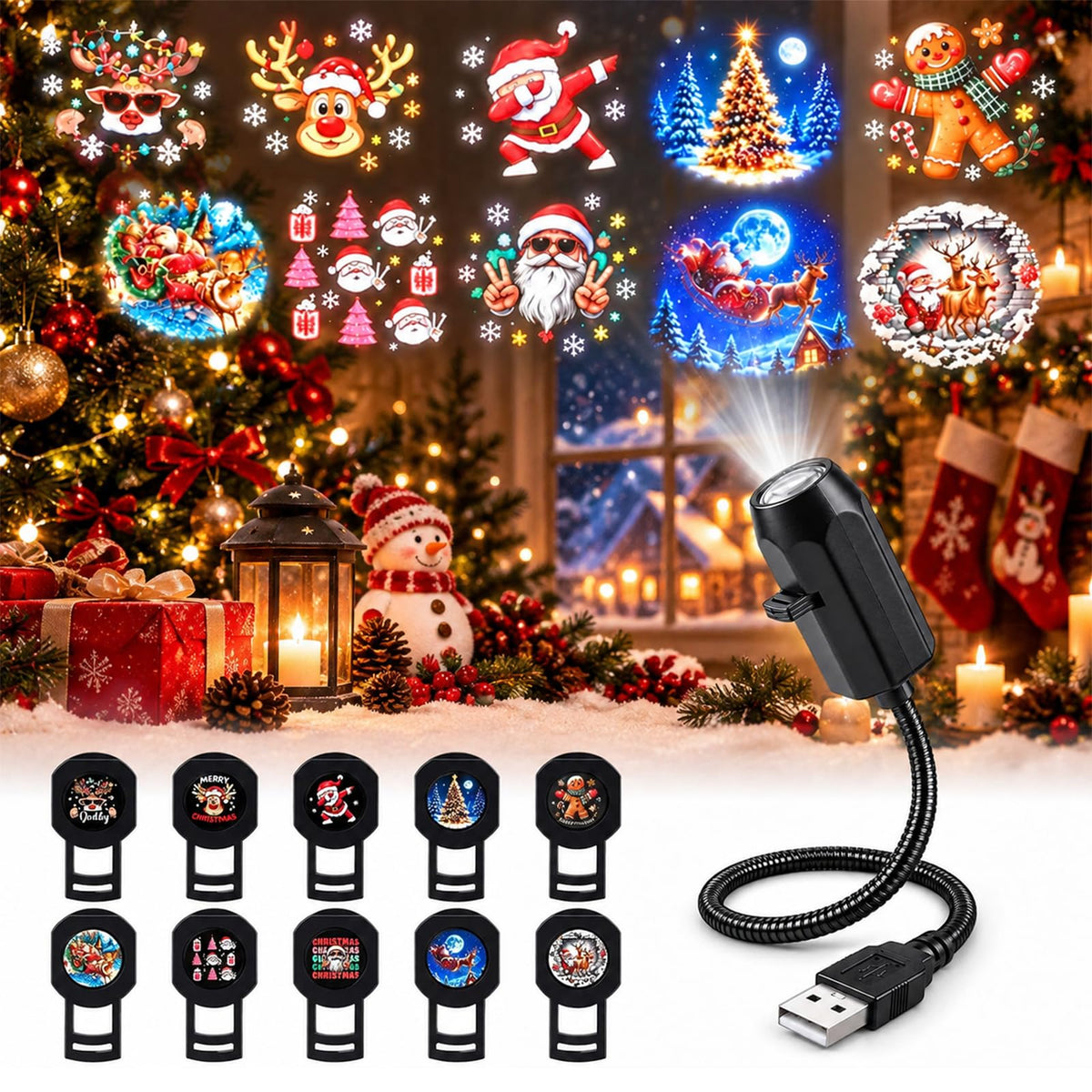 2027 New Plug and Play Hd Christmas Projector Indoor, 360°Adjustable Christmas Scene Projector Indoor, Holiday Projector for Bedroom, Gaming Room (10 Projection Films)