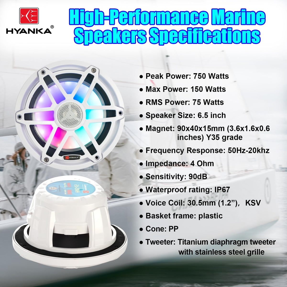 H YANKA HMS-65 6.5 Inch Marine Speakers, Waterproof, 750W, 7Color LED, Pair | 2‑Way marine‑grade coaxial speaker, IP67, salt‑UV resistant for durable long‑lasting use, for boats, utv, atv.