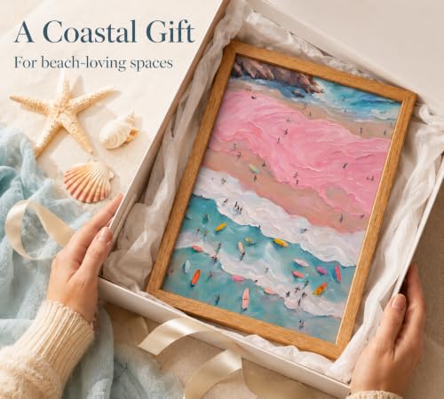 Framed Pink Coastal Canvas Wall Art,Girl Beach Surfers Picture Wall Decor | Summer Poster Print Artwork,for Bedroom Bathroom Girls Room Home Decoration 12x16 inch