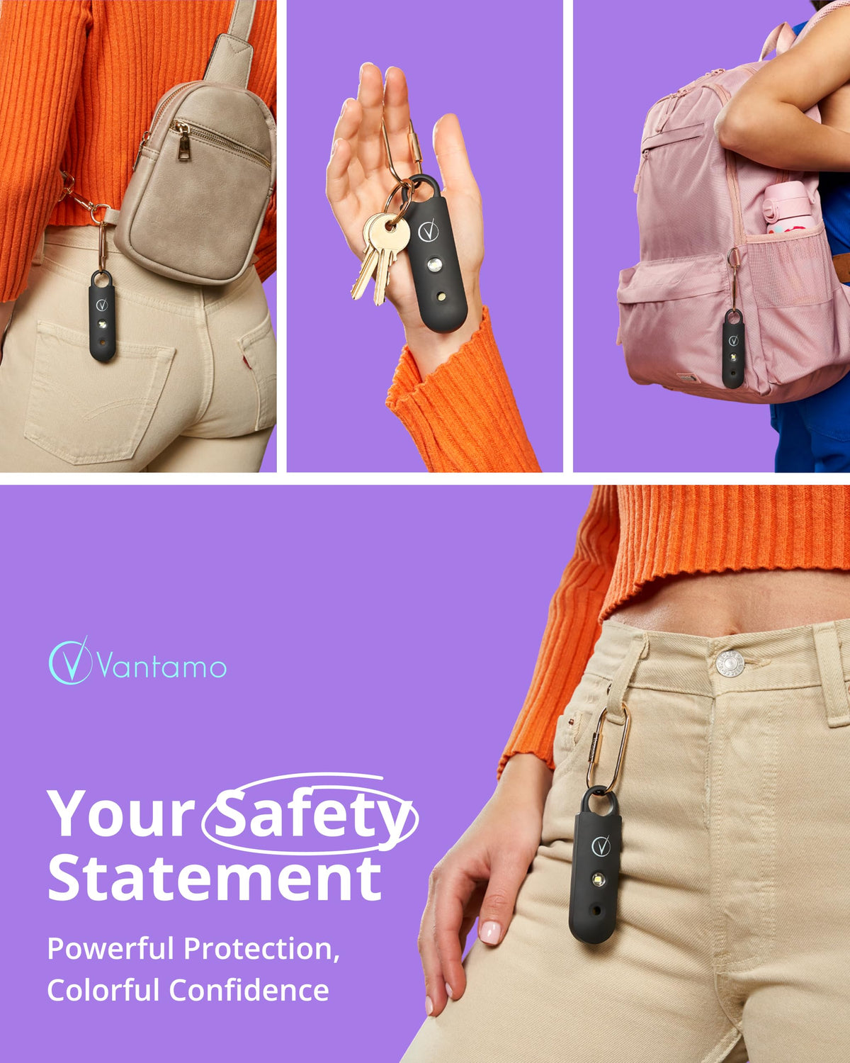 Vantamo Personal Alarm for Self Defense with Low Battery Notice, Strobe Light & Extra Loud 130 dB Double Speakers Safety Keychain Set for Women, Rechargeable Panic Button for Womens Self Defense