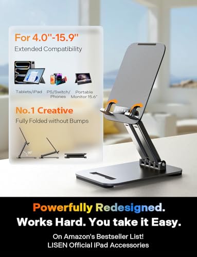 LISEN iPad Stand Tablet Holder for Desk, Kindle Accessories Stand for Apple | iPhone Duo iPad Accessories, Fold Portable Monitor Stand, Phone Stand Desk Accessories Offices Essentials, Gifts for Wo Men