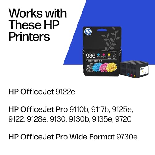 HP 936 Black, Cyan, Magenta, Yellow Ink Cartridges (4-Pack) | Works with OfficeJet 9120, Pro 9110, 9120, 9130, Wide Format 9730 | Eligible for Instant Ink | 6C3Z5LN