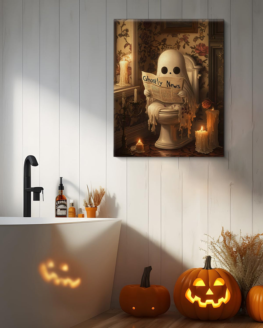 Funny Ghost Halloween Bathroom Wall Art Gothic Canvas Print Poster Framed | Ghost Toilet Poster Picture Halloween Bathroom Wall Decor for Home Restroom 8x10 Inch Framed