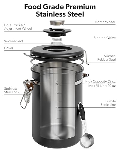 Veken Coffee Canister with Window, Airtight Stainless Steel Container, 22OZ | Kitchen Food Storage Pantry Organizers for Beans,Ground,Espresso,Rice,Tea,Sugar,Bar Accessories,Gifts,Lids,Jars, Scoop, Black