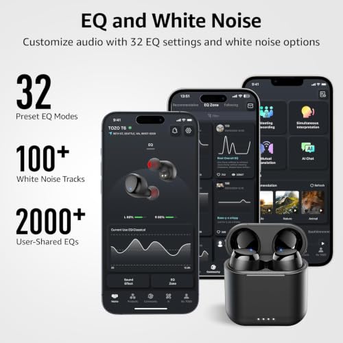 TOZO T6 Wireless Earbuds Bluetooth 5.3 Stereo Sound in Ear Headphones | OrigX Stereo Deep Bass, 40H Playtime, Lighter Ear buds, IPX8 Waterproof, wireless Charging Case, 32 EQs via APP Dark Black