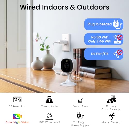 AOQEE 2K Cameras for Home Security, Indoor/Outdoor, Full Color, C1 2Pack | 2.4G Wired Outdoor/Indoor Camera for Dog/Cat/Pet/Baby, Color Night Vision, Home Security with White Light, 24/7 TF Recording