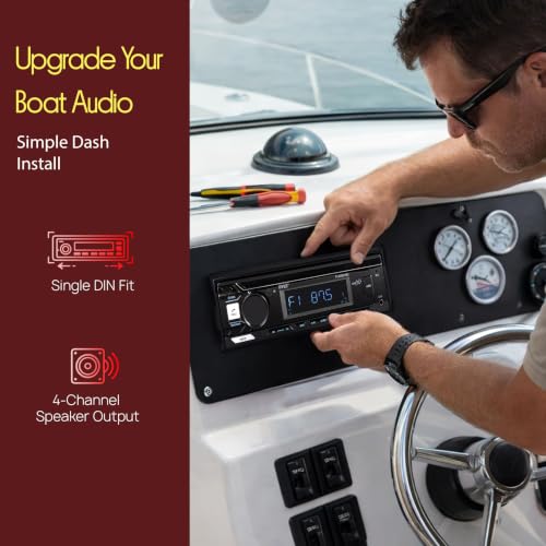 Pyle Marine Radio Stereo Receiver with Bluetooth MP3 Player - Single DIN Boat Audio System, AM/FM Tuner, USB/AUX Input, 30 Preset Stations, Hands-Free Calling, 300W Max Power for Marine and Boat Use