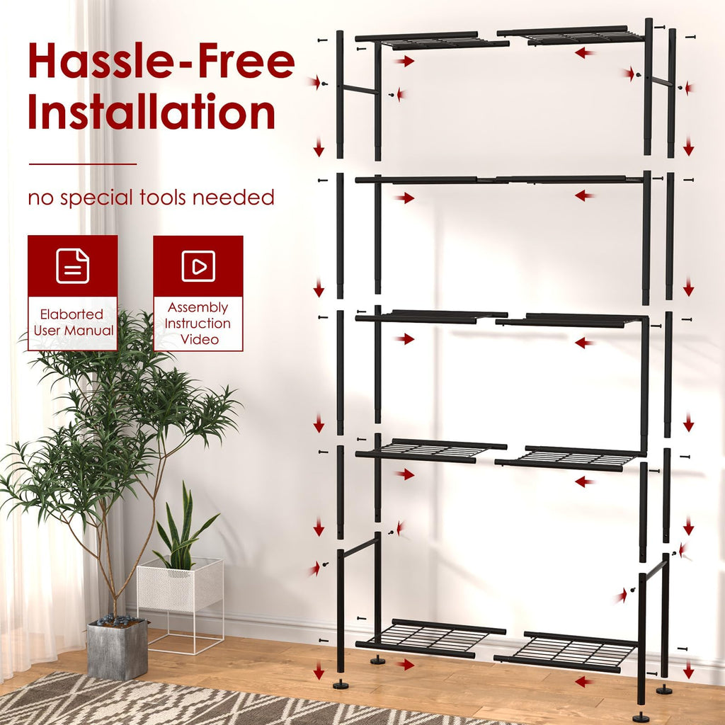 Sakugi Storage Shelves - 5 Tier Shelf Organizer, Heavy Duty Garage Shelving Unit with Leveling Feet, Stable Metal Shelves Organizer for Pantry, Kitchen and Closet, 33.0" W x 12.6" D x 72.0" H, Black