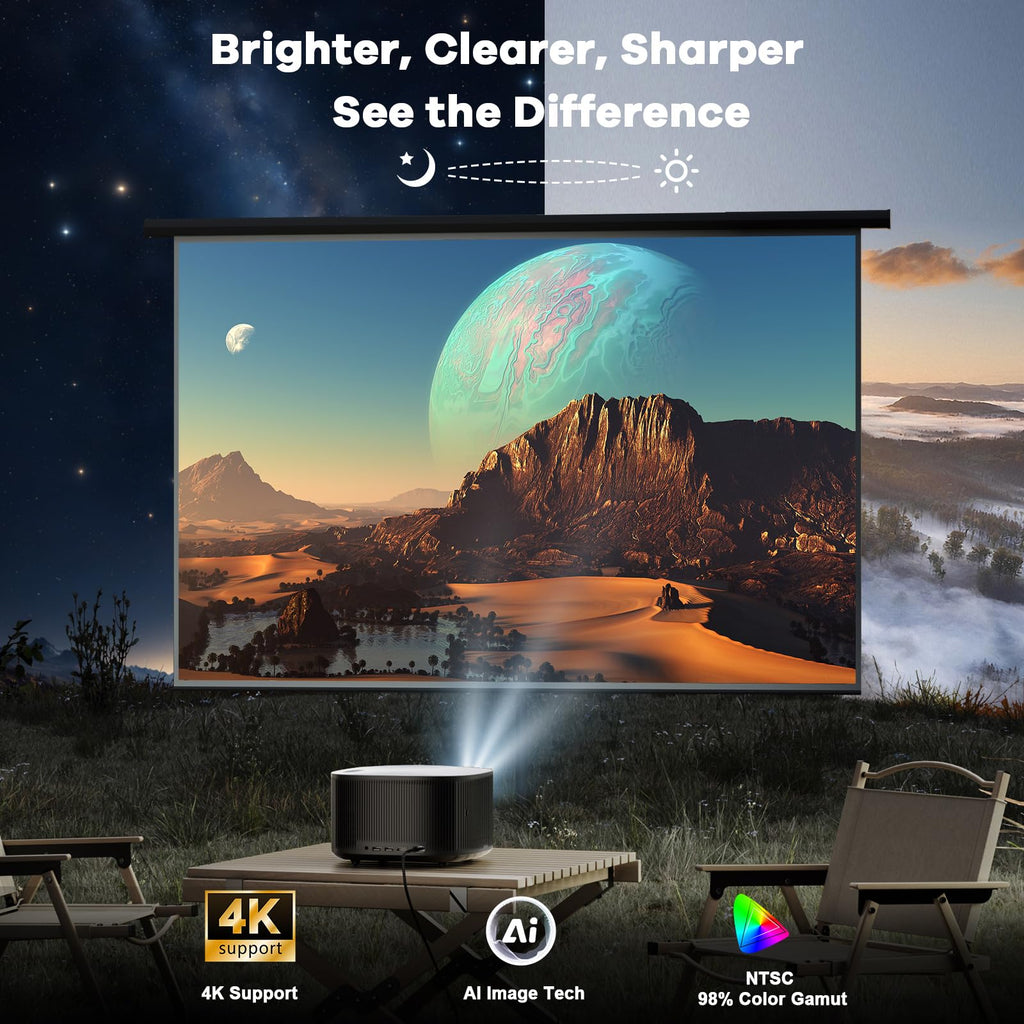 Outdoor-Projector-4K with WiFi and Bluetooth: [High Bright/60W Dolby Audio/Official Licensed Apps], Smart-Projector with AI Auto Focus, ONOAYO ONO5Pro 2.0 Movie Projector for Bedroom/Outdoor Use