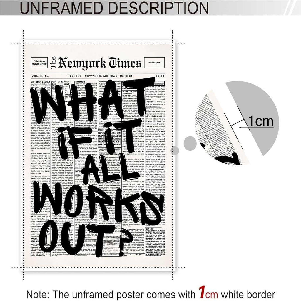 Drimiler Retro Black And White Newspaper Poster What If It All Works Out Canvas Wall Art Positive Affirming Quote Minimalist Prints Painting For Home Bedroom Dorm Wall Decor 8x12in Unframed