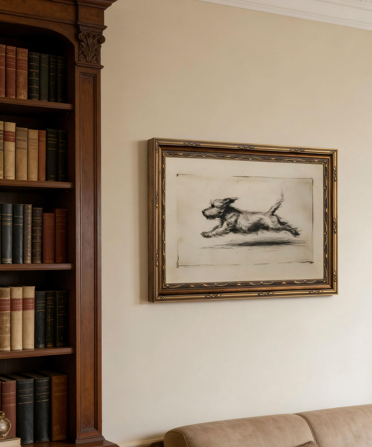 Vintage Gold Framed Wall Art Antique Terrier Sketch Wall Art Running Dog Wall Decor Picture Classic Minimalist Line Dog Poster Print for Living Room Bedroom 9x11in