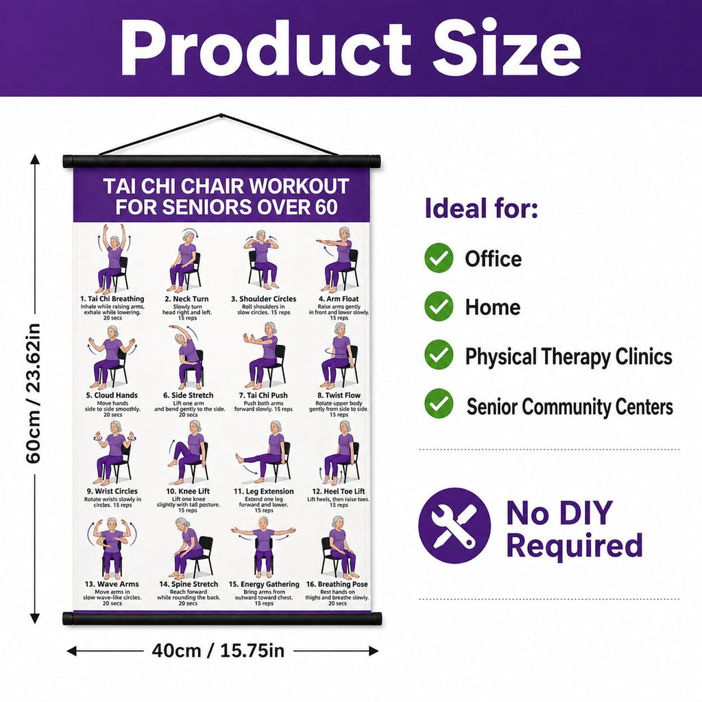Tai Chi Chair Workout Chart, Chair Tai Chi for Seniors Poster, 16 x 24 Inch | Seated Tai Chi for Beginners: 16 Illustrated Chair Exercises for Balance, Flexibility and Mobility, Easy to Roll Up and Store