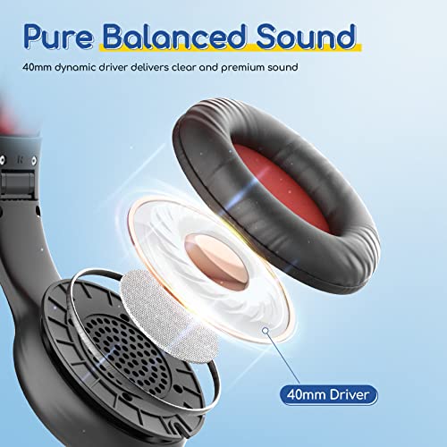 EarFun K1 Kids Headphones Wired with Mic, Volume Limit Headphones for Kids | Portable Wired Headphone with Shareport, Stereo Sound, Foldable Headset for School/Toddler/Tablet/iPad/Kindle, Black Red
