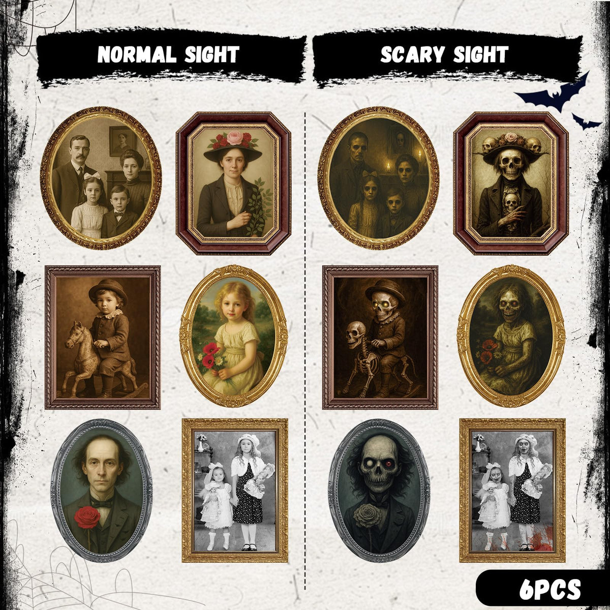 Halloween Decorations Indoor Scary, 3D Changing Face Moving Portraits 6Pack | Haunted House Props, Lenticular Wall Decor Picture Frame, Gothic Horror Poster, Creepy Castle Mansion Decor Party Supplies