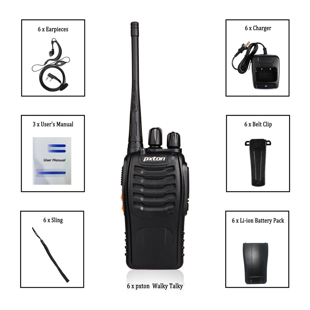 pxton Two Way Radios Long Range Walkie Talkies for Adults with Headphones,16 Channel Handheld 2 Way Radio Rechargeable with Flashlight Li-ion Battery and Charger（6 Pack）
