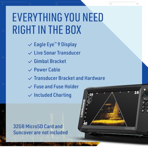 Lowrance Eagle Eye 9 Live Sonar Fish Finder with Preloaded C-MAP Charts | 9-inch IPS display, Live Forward, Live Down, CHIRP, FishReveal, included transducer