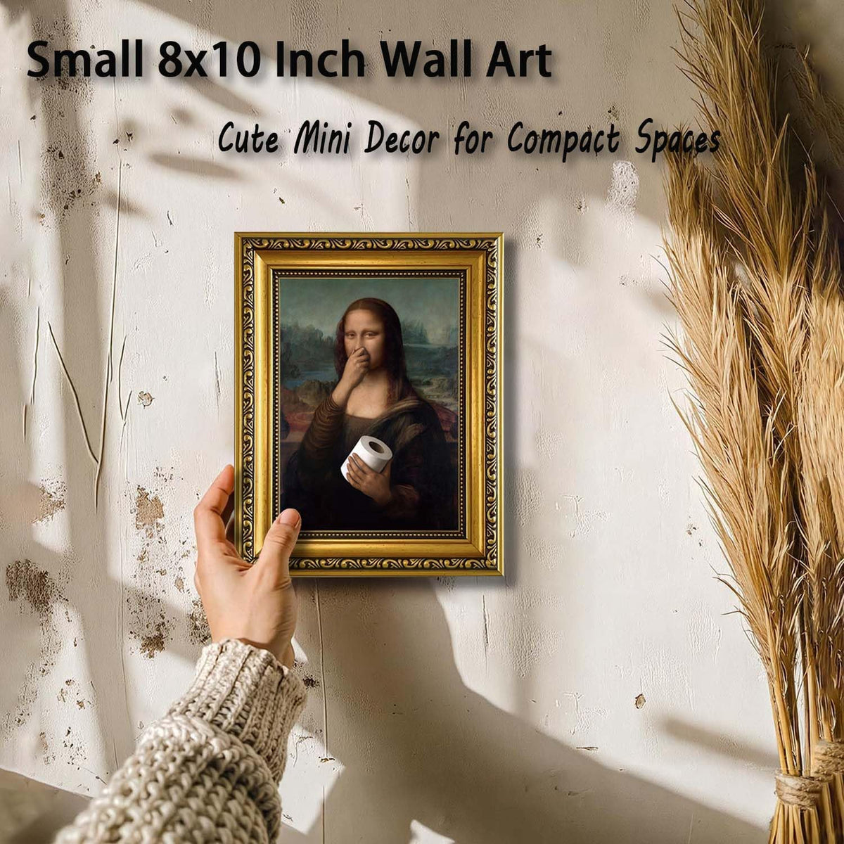YD&YZY Bathroom Wall Art Funny Mona Lisa Wall Decor Vintage Gold Framed | Mona Lisa Pinching Nose, 8"x10" Mini Small Size Humorous Toilet Art decorations for Bathroom Restroom