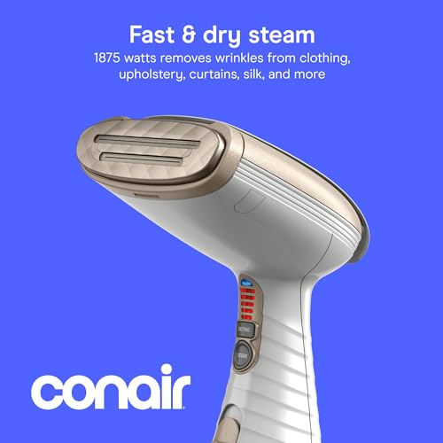 Conair Steamer for Clothes & Upholstery, Handheld, 3 Attachments, White | Powerful 1875W clothes steamer with 7.3 oz. water tank and 5 steam settings heats up in 40 seconds and runs for 20 minutes