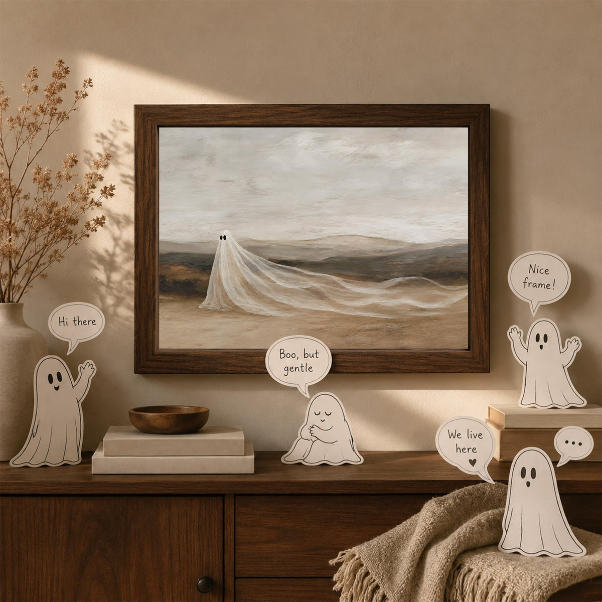 YPDQJW Vintage Ghost Wall Art, Framed Halloween Landscape Print,10x8 in | Cute ghost picture over hills in neutral earth tones, Moody rustic wall decor for living room, bedroom, hallway or entryway.