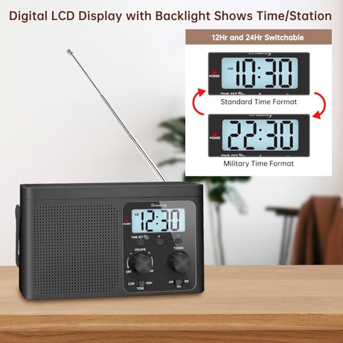 DreamSky AM FM Radio Portable Shortwave Radio Battery Powered/Plug in Wall | for Home Outdoor, Strong Reception, Large Dial Easy to Use, Digital Time Display, Transistor Antenna, Seniors Small Gift
