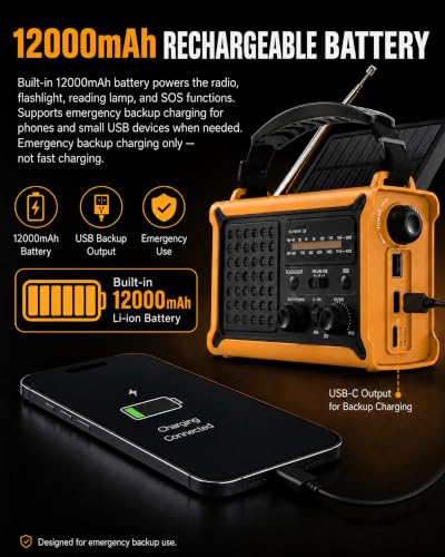 Emergency Radio with Hand Crank & Solar, NOAA Weather Band, AM/FM, 12000mAh | 8500mm² Solar Panel, Clear AM/FM Reception, 5W Flashlight & Reading Light, 120dB SOS, Phone Charging for Hurricanes & Outages
