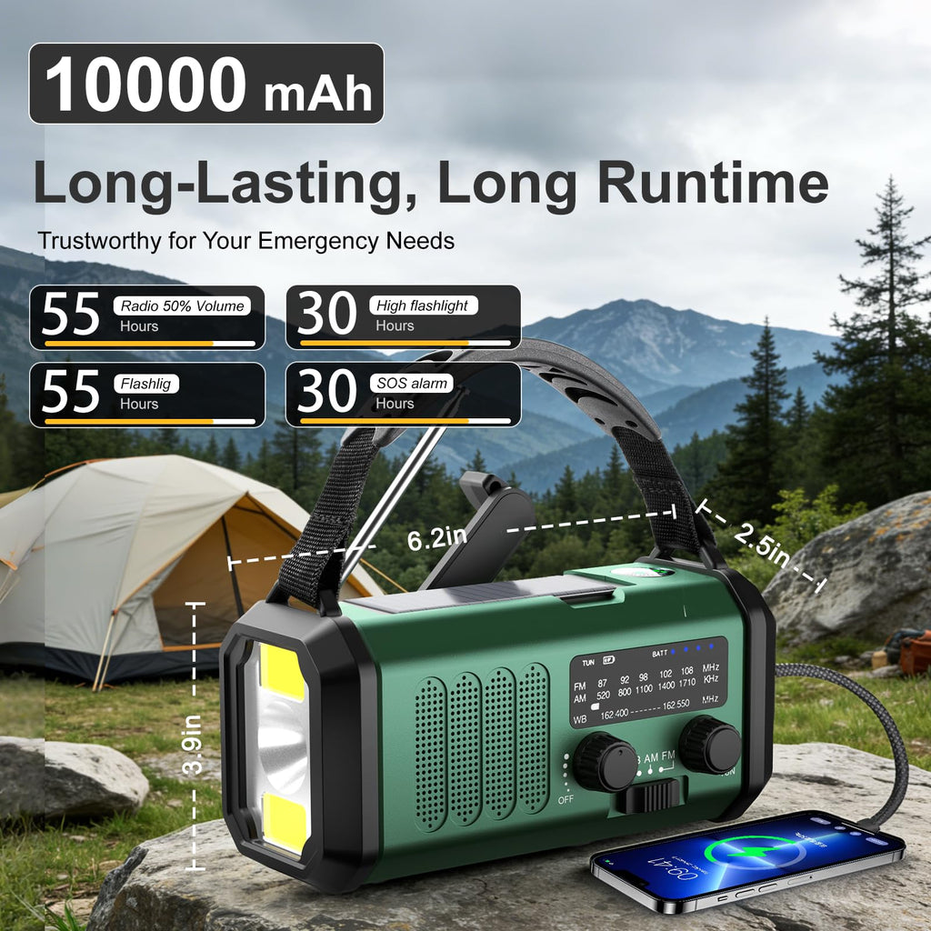 Leaton Hand Crank Emergency Radio, NOAA Weather Radio AM/FM,10000mAh | Solar charging, Rechargeable Battery Powered, USB-C Charger, Flashlight, SOS Alarm, for Camping Survival Emergencies