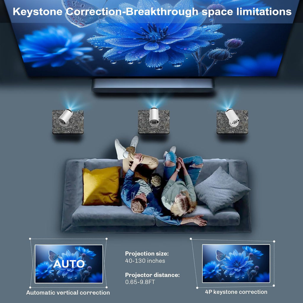 Mini Projector, Portable Smart Projector 4K WiFi 6 BT 5.4 [Built-in App] | Auto Keystone, Movie Projector Compatible With HDMI/USB/TV Stick/Smartphone/Laptop/PS5 Home Theater 180° Rotation White