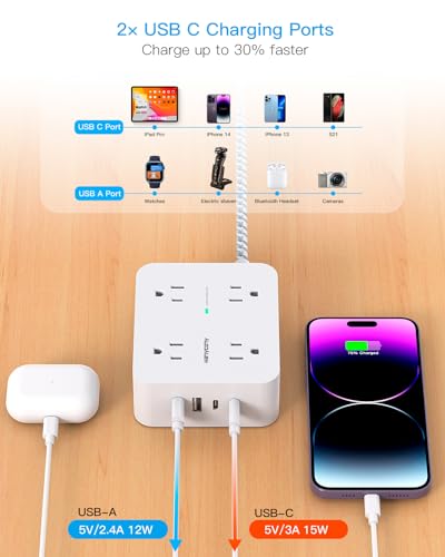 HANYCONY Surge Protector Power Strip, 1080J, 5 Ft Braided Extension Cord | 8 Outlets 4 USB Ports(2 USB C), Outlet Extender, Flat Plug, Wall Mount, Desk Charging Station, Home Office, Dorm Room ETL