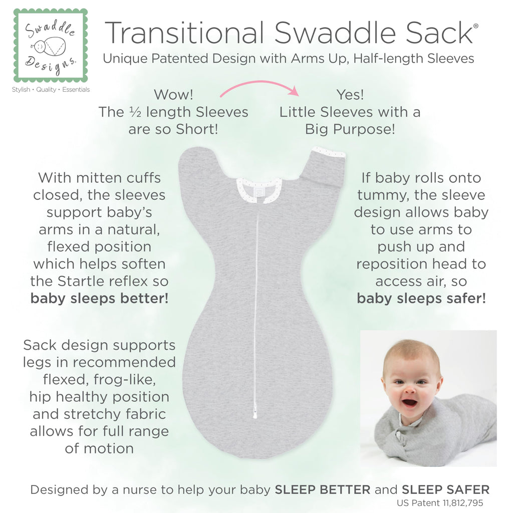 SwaddleDesigns Transitional Swaddle Sack, Cotton, Heathered Jadeite, 0-3mo | Arms Up Half-length Sleeve Partially Suppress Moro reflex, Most Gradual Transition Swaddle for Newborn, Safe for Rolling Baby