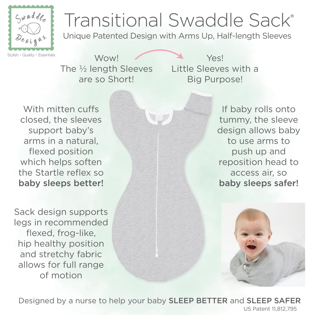 SwaddleDesigns Transitional Swaddle Sack, Cotton, Heathered Jadeite, 0-3mo | Arms Up Half-length Sleeve Partially Suppress Moro reflex, Most Gradual Transition Swaddle for Newborn, Safe for Rolling Baby