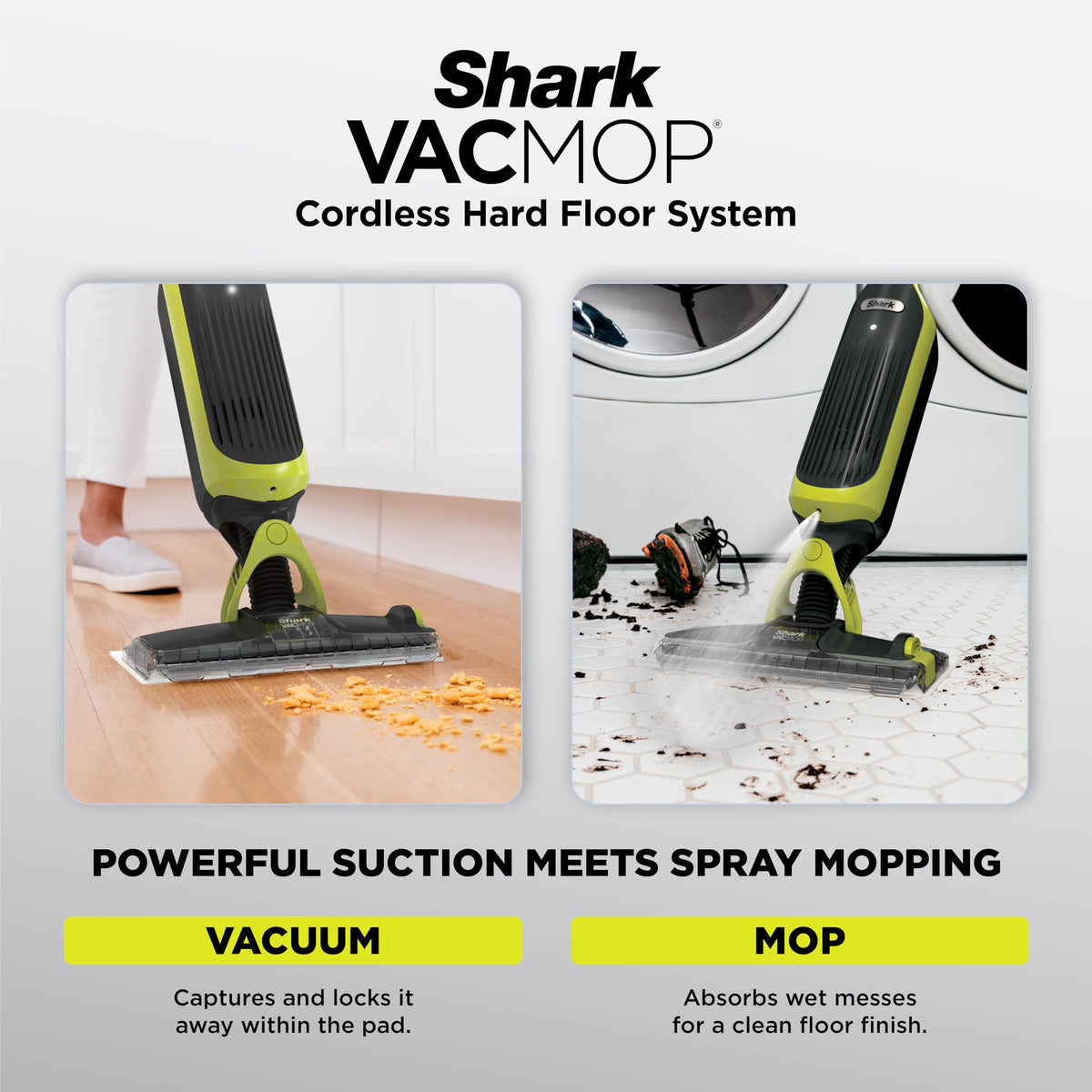 Shark VACMOP Cordless Vacuum & Spray Mop, Gray, VM180 | Hard Floor Cleaner, Powerful Suction, Lightweight, 2 Disposable Pads, 12oz Cleaning Solution Included
