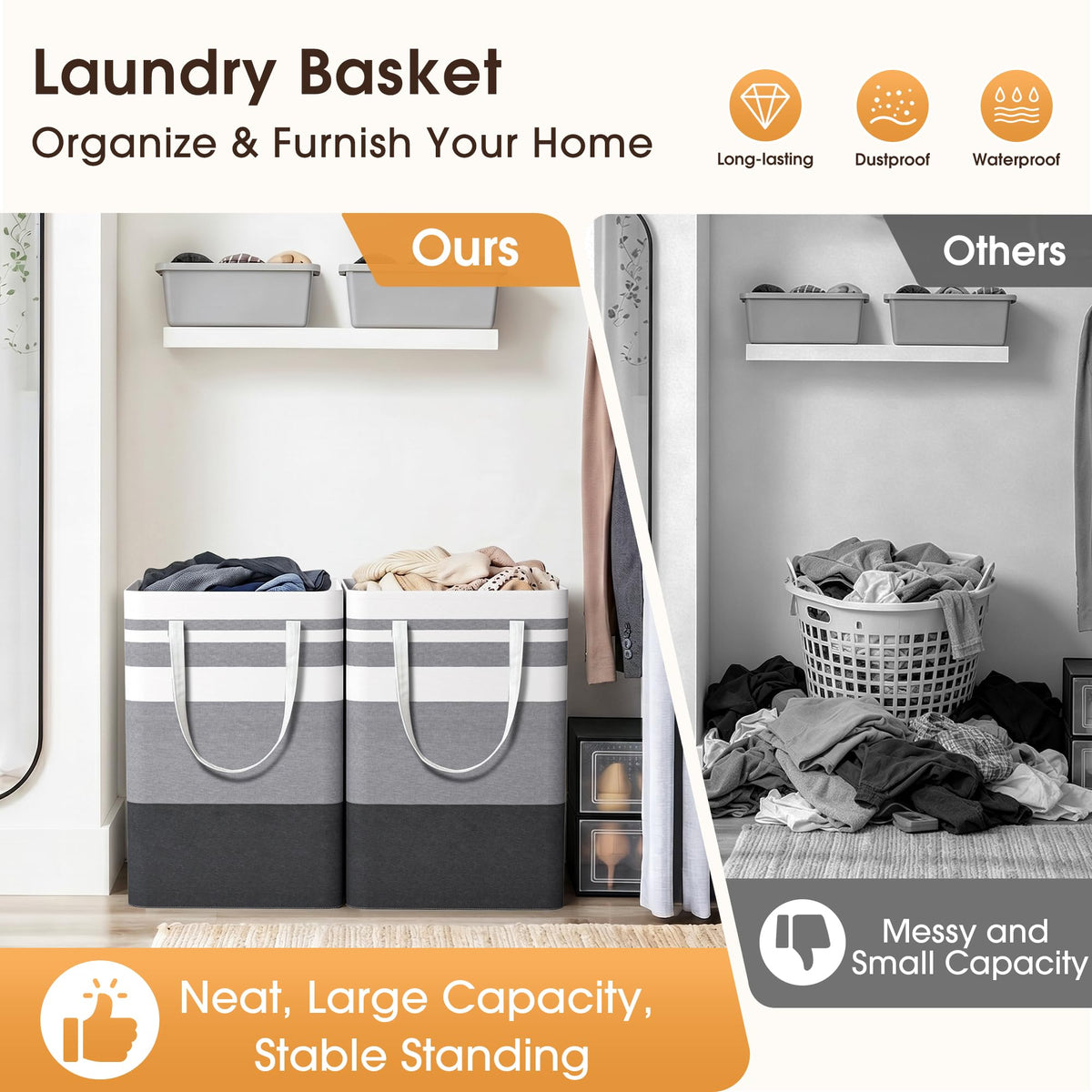 HomeHacks 2 Pack Large Laundry Baskets, Laundry Hampers Bags (Grey 75Lx2) | Waterproof, Freestanding, Collapsible Clothes Hamper with Reinforced Handles in Laundry Room, Dorm, Bathroom, Bedroom