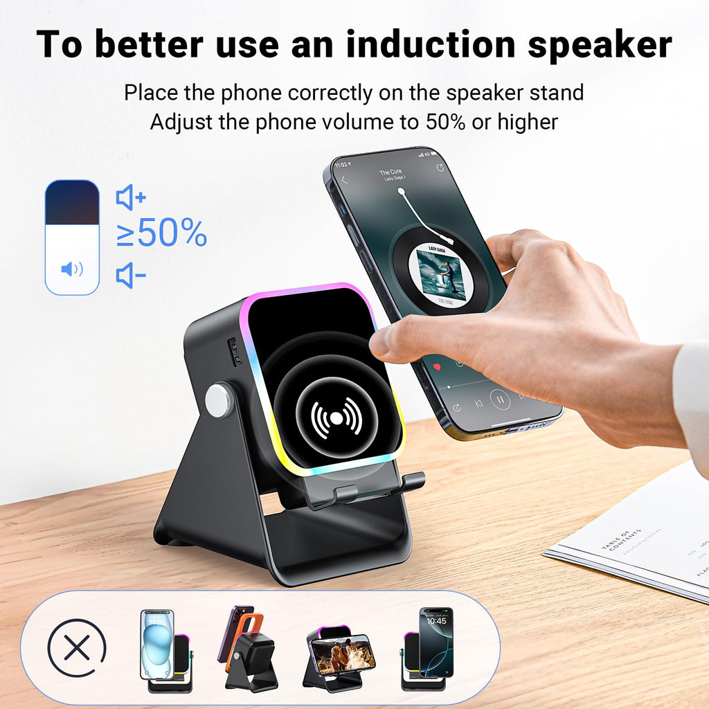 Induction Speaker with Phone Stand 5 in 1 Wireless Bluetooth Audio Black | Phone Speaker Amplifier for iPhone & Android with RGB Light and USB Wired Charging, Birthday Gift for Men Women Teens