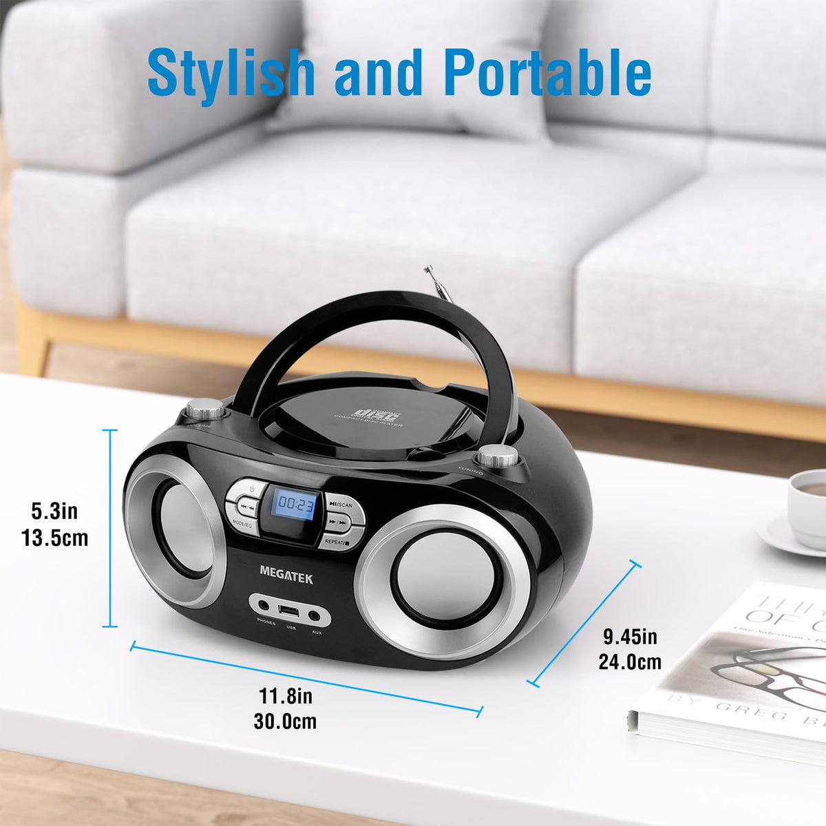 MEGATEK Portable CD Player Boombox with Bluetooth & FM Radio – Black | USB Playback, Clear Stereo Sound, AUX Input, Headphone Jack, CD-R/RW & MP3-CD Support, LCD Display, AC/Battery Powered