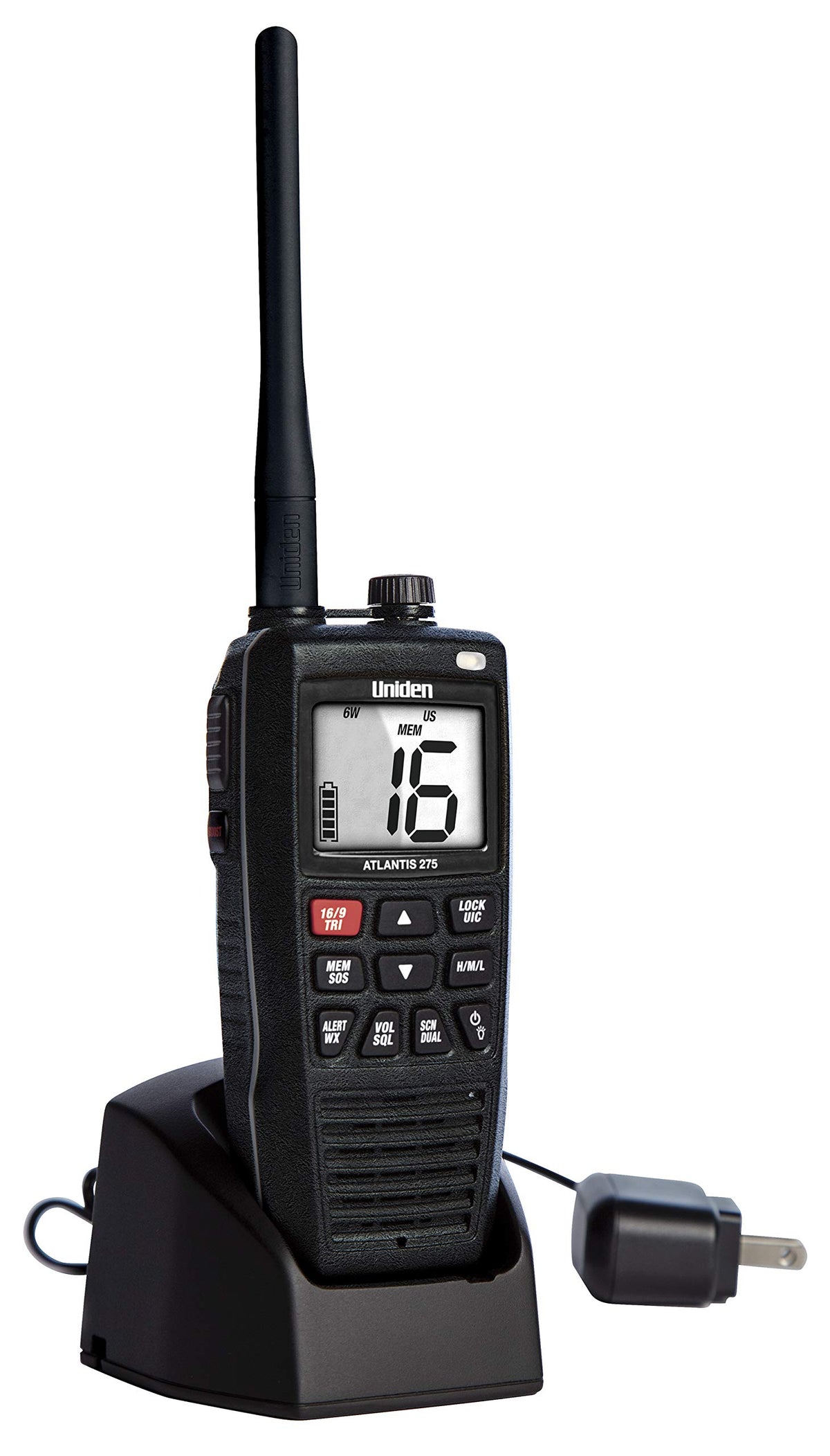 Uniden Atlantis 275 Handheld Two-Way VHF Marine Radio, Floating IPX8 Submersible Waterproof, Large Dual-Color Screen, 6-Watt, All USA/International/Canadian Marine Channels, NOAA Weather Alerts