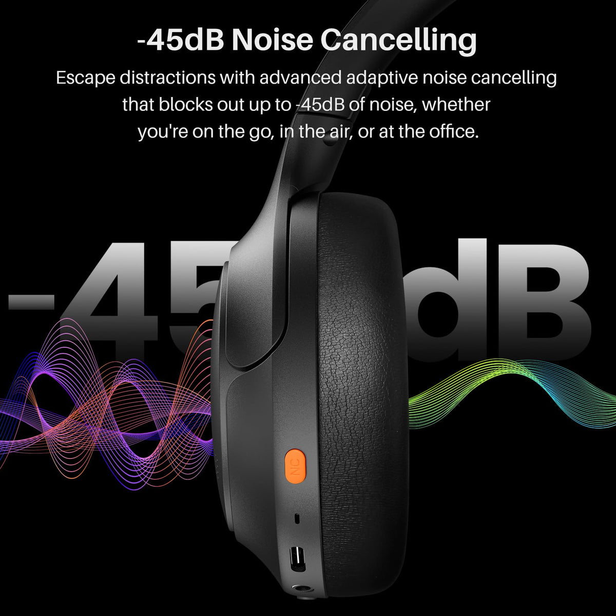 TOZO HT3 Hybrid Noise Cancelling Wireless Headphones, 90H Over Ear Headset | Hi Res Audio, AI Voice Assistant, Dual Device Connection, 32 Custom EQs, Built In 5 Mics, ANC, Foldable, Bluetooth 6.0 Black