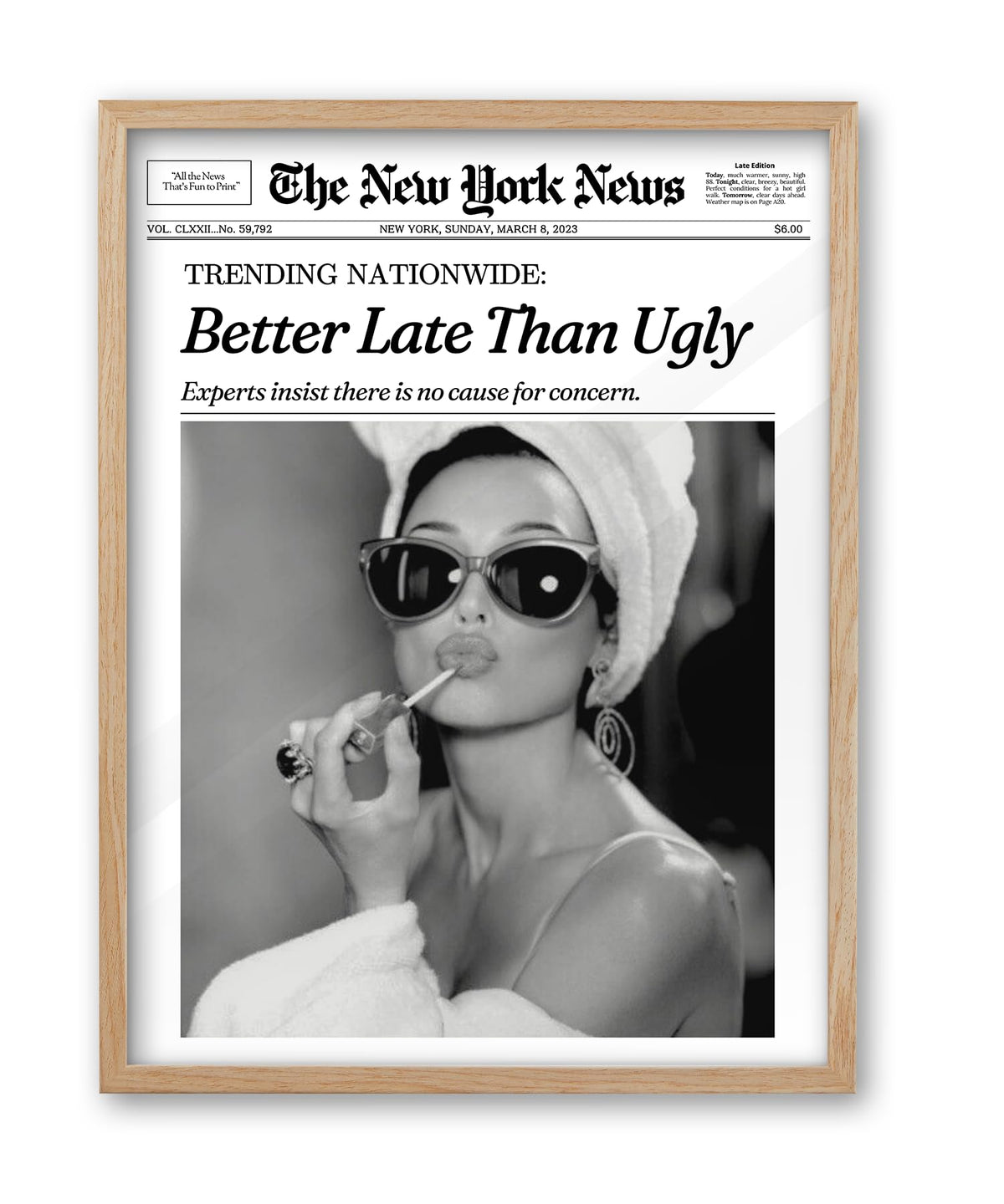 iHery 12x16in Audrey Hepburn Better Late Than Ugly Framed Bathroom Art | Natural OAK Wood Frame with Canvas Print, Vintage Fashion Wall Decor for Bathroom, Bedroom, Apartment and Girl Dorm, 1Pack