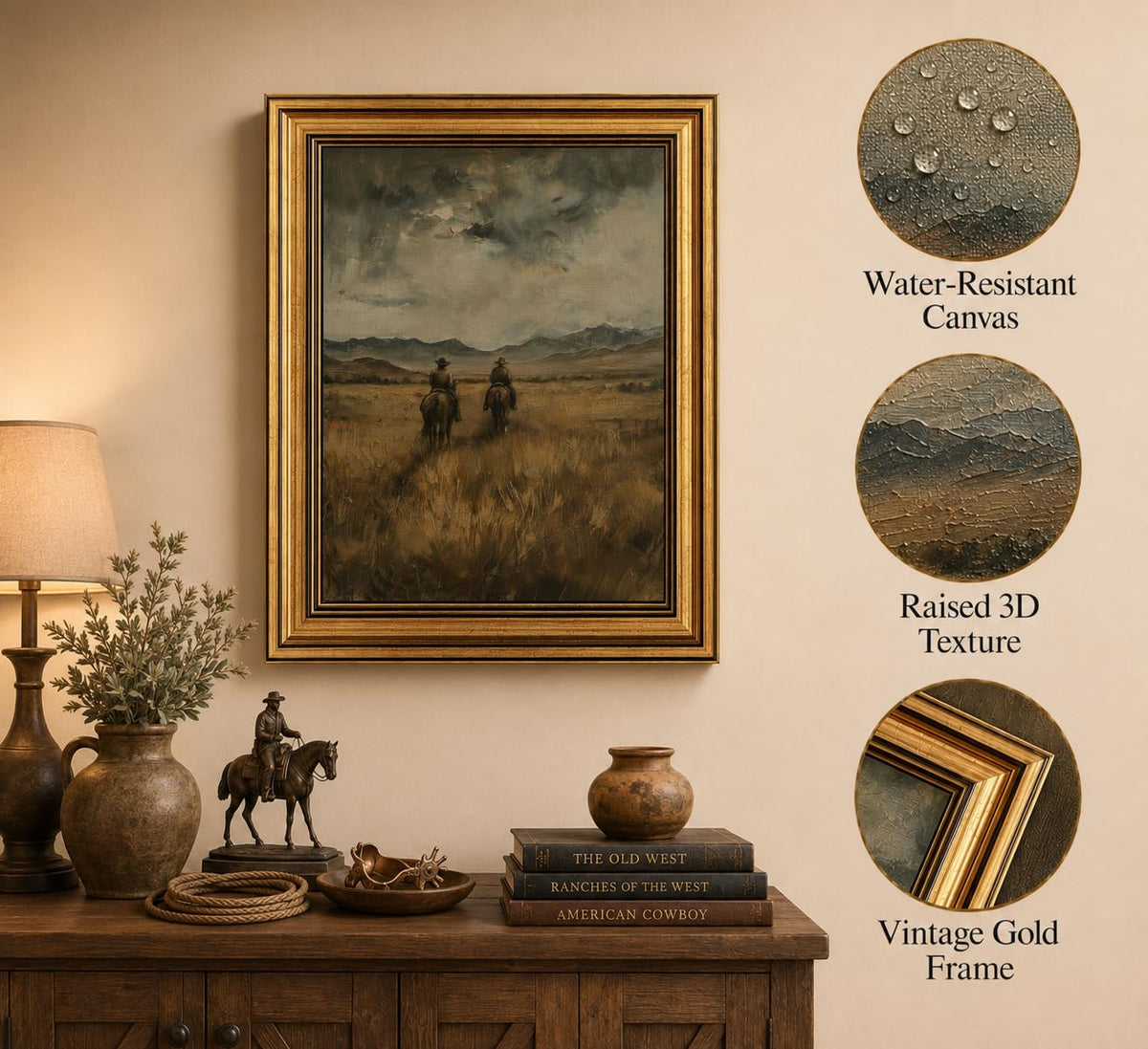 Gold Framed 3D Textured Wall Art, Vintage Western Cowboy Horse Canvas Prints, Wild West Mountain Landscape Pictures Decor, Mid-Century Equestrian Gallery Artwork for Living Room Office 16x12 in