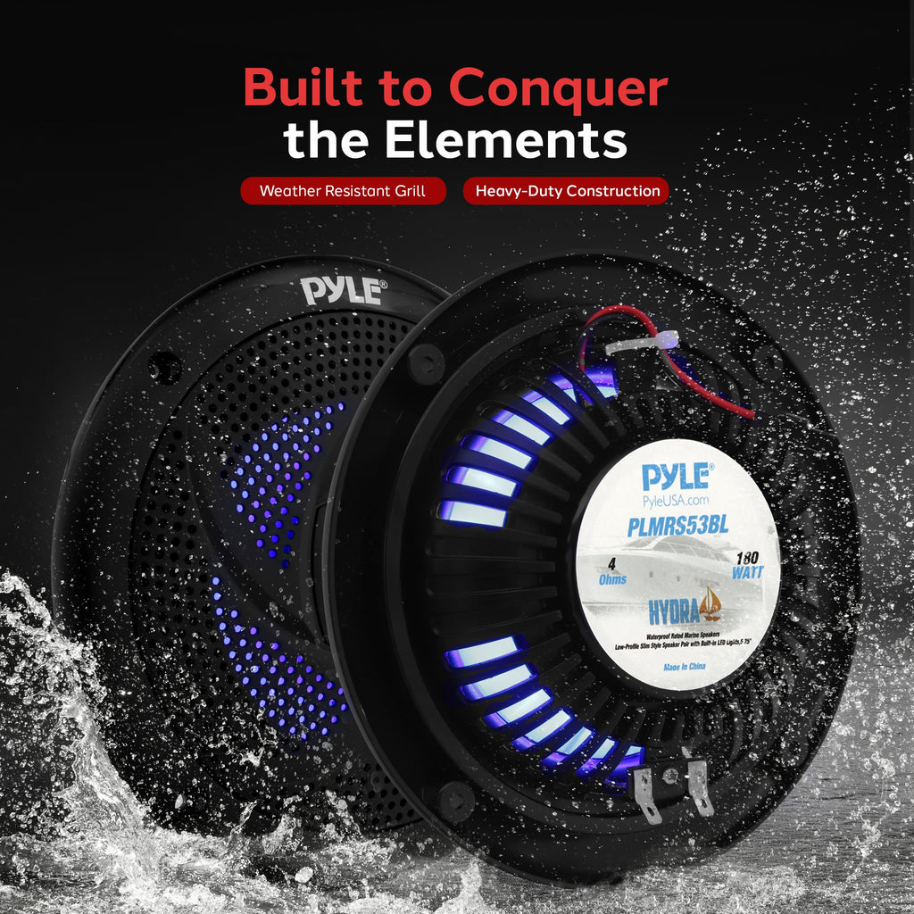 Pyle Marine Speakers -5.25 Inch 2 Way Waterproof and Weather Resistant Outdoor Audio Stereo Sound System with LED Lights,180 Watt Power and Low Profile Slim Style -1 Pair -PLMRS53BL (Black)