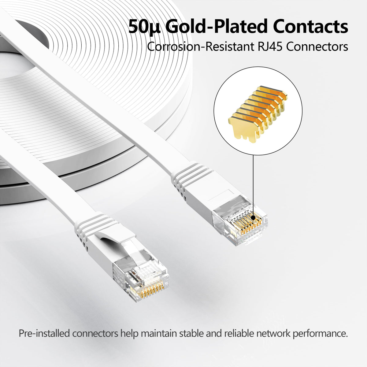 Jadaol Cat6/Cat6A Ethernet Cable 50FT Flat with Clips 10Gbps Network, White | 1FT 3FT 5FT 10FT 15FT 20FT 25FT 30FT 35FT 50FT 60FT 75FT 100FT 150FT 200FT LAN Patch Cable for Router, Modem, Switch, Gaming