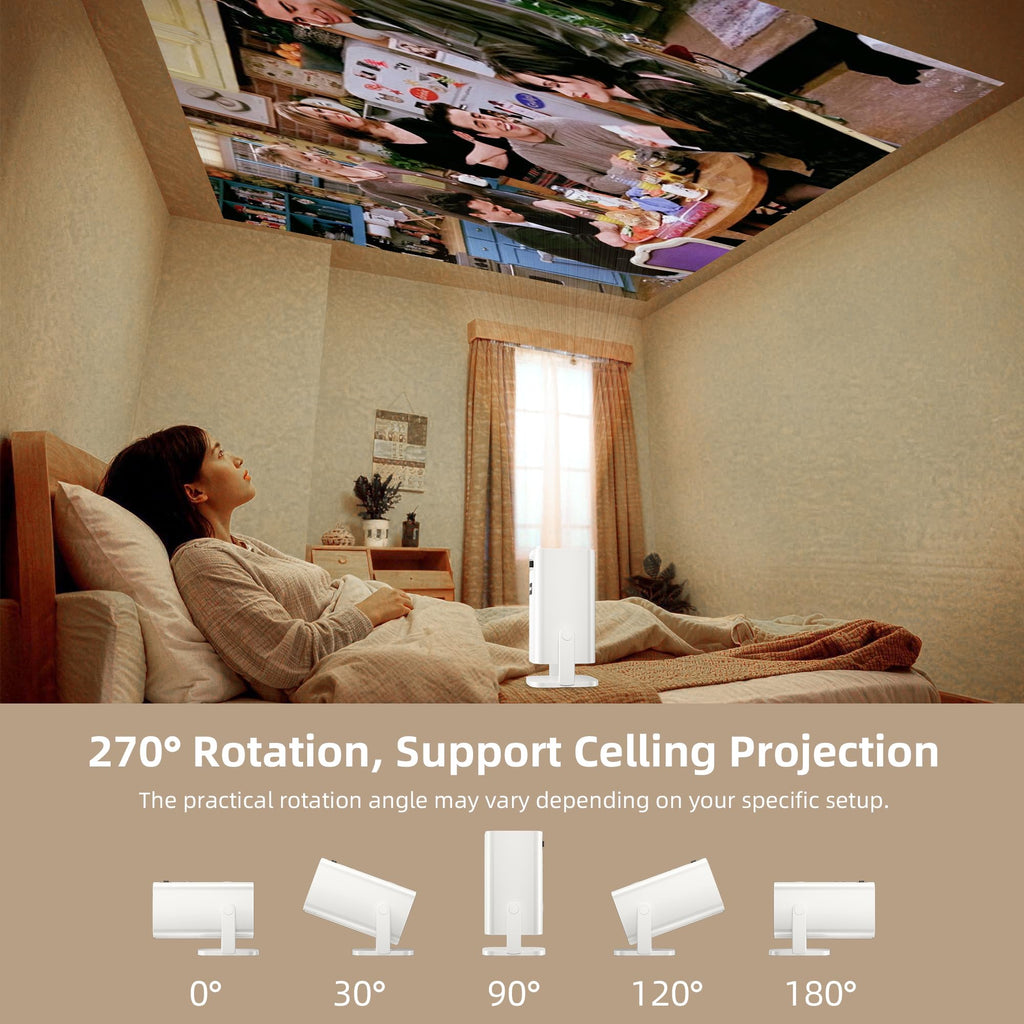 Mini Projector 4K Support, Portable Projector Full HD 1080P Support | Short Throw, 270° Rotation, Outdoor&Indoor, Ceiling Projection, Smartphone, TV Stick, Laptop, HDMI, USB, PS5 Compatible